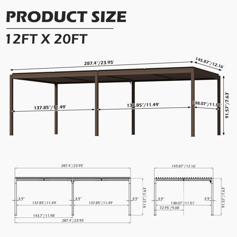 Domi Patio Outdoor Aluminum Louvered Pergola, 24" W x 12' D, Brown