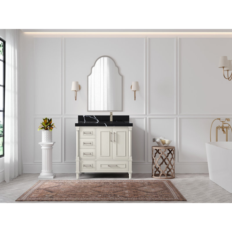 Meuble-lavabo simple 36 po avec comptoir en quartz Aberdeen, Noir Calacatta