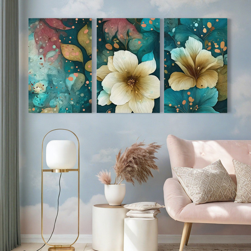 Abstrait floral sur toile tendue, reproduction de peinture à l'huile (ensemble de 3), H 30 po x l 60 po