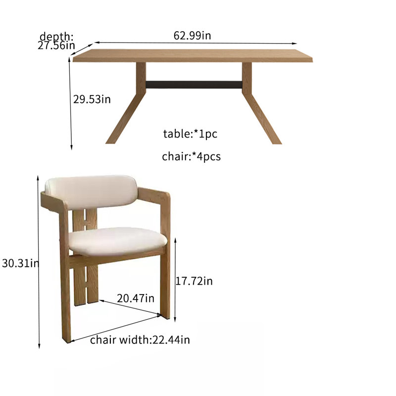 Combinaison de chaise de salle à manger simple en bois massif, H 29,53 po x L 62,99 po x l 27,56 po