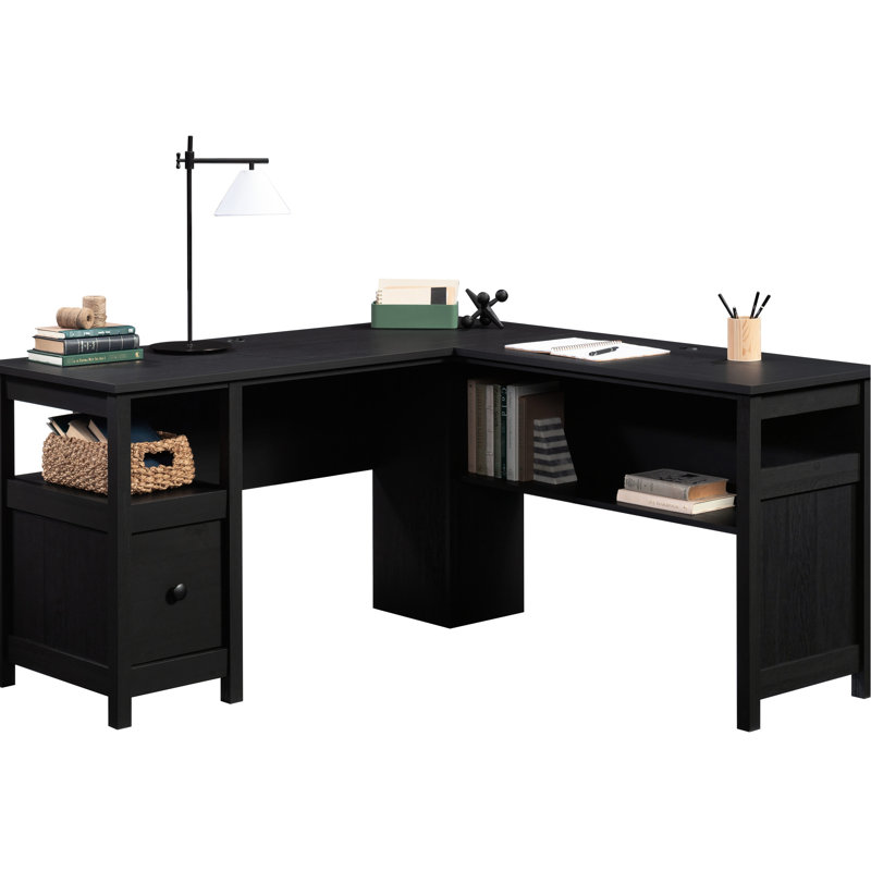 Élégant bureau en forme de L avec finition noire lisse, gestion des câbles et tablette ouverte, pour les séances d'étude à domicile, gestion des tablettes stratifiées, travail
