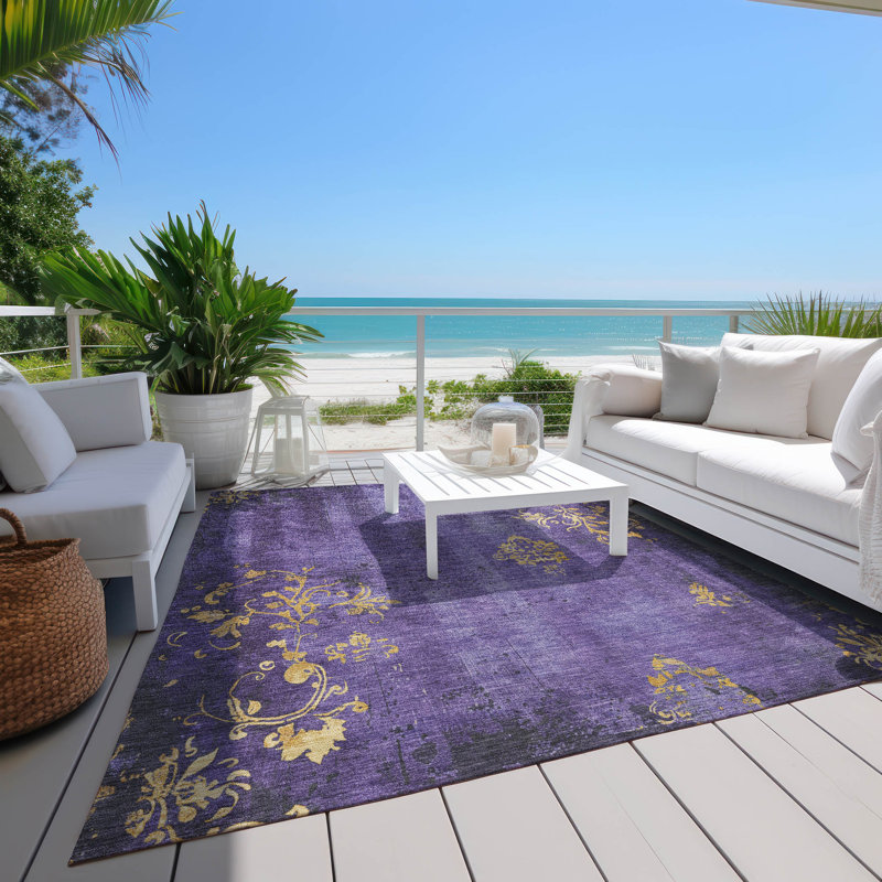 Purple Floral Washable Indoor/Outdoor Rectangular Rug