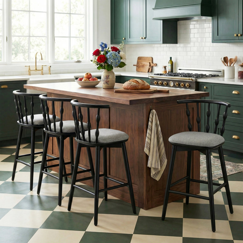 Tabouret de bar d'intérieur en bois Doria, finition noire avec revêtement gris, ensemble de 4