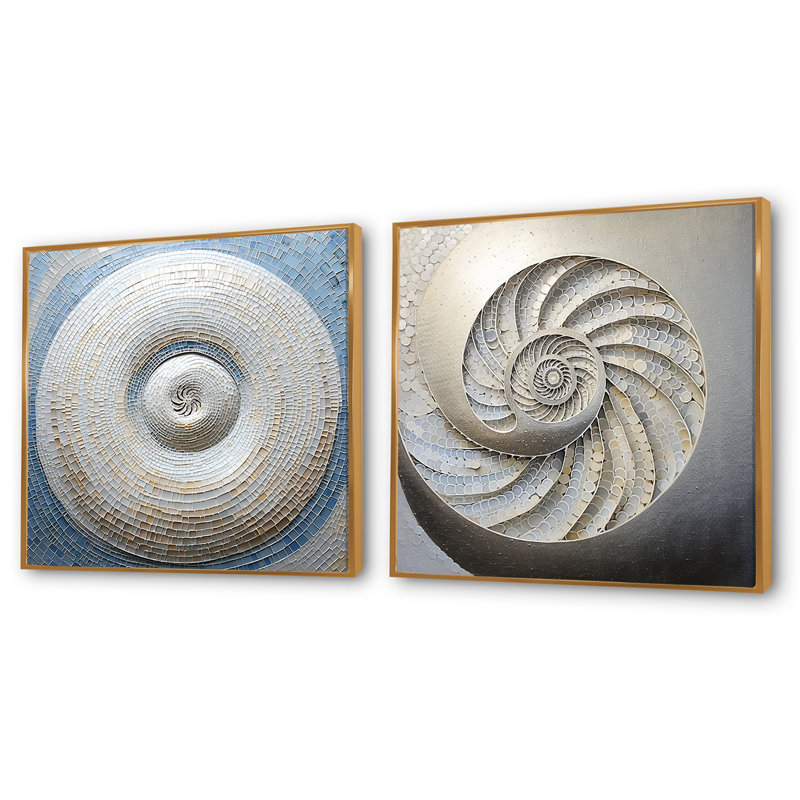 Coquille de tourbillon argentée - animaux, ensemble de 2 collages carrés Nautilus, Cadre flottant noir, H 16 po x l 33 po