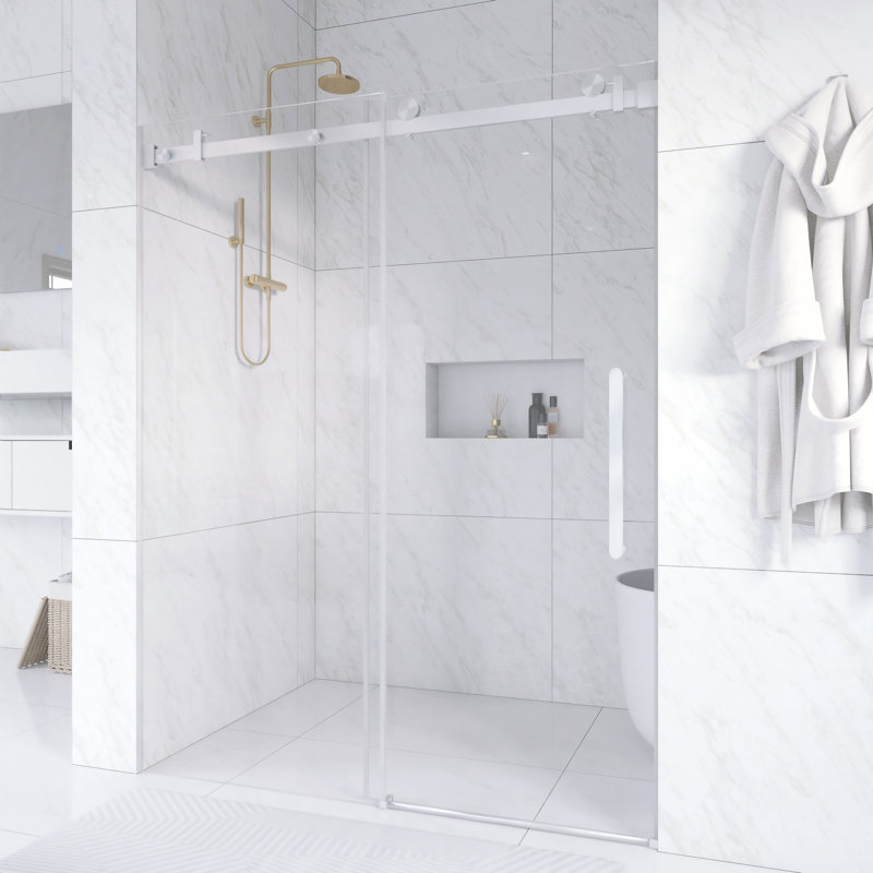 56 In. -60 In. W × 76  In. H Frameless Single Sliding Shower Door With 1/4"Clear  Tempered Glass In Brushed Nickel |  Explosion Proof Film | Square Tube Track | Stainless Steel Handle
