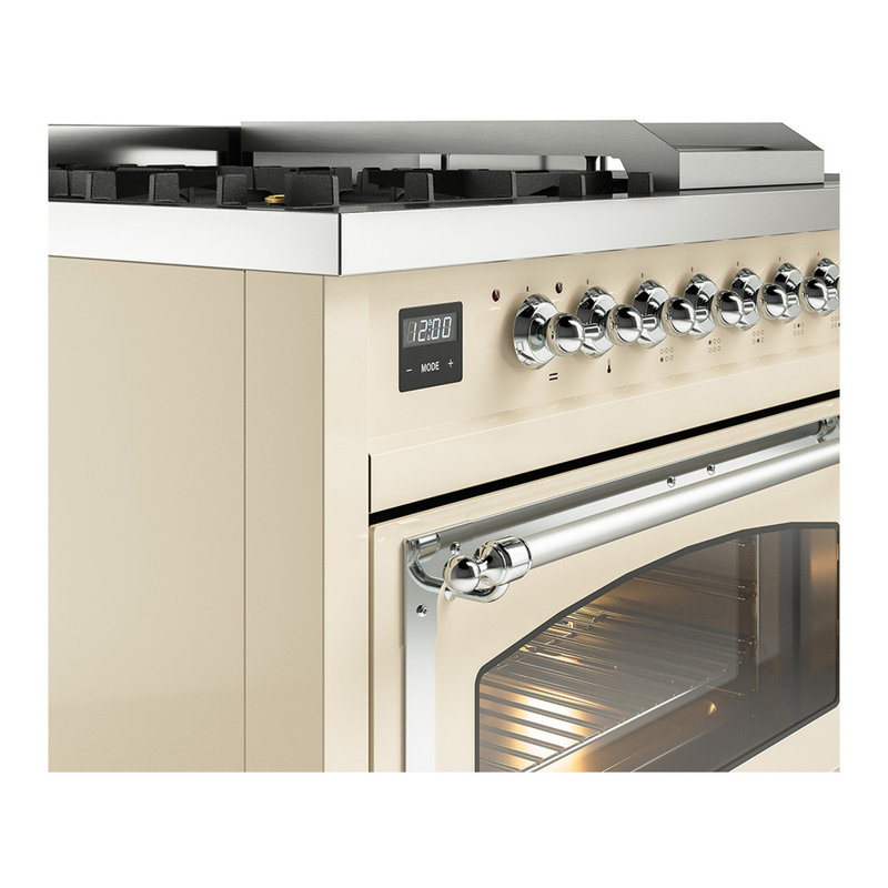 ILVE Nostalgie II Noblesse 48 inch Dual Fuel Range (5 Sealed Burners + Griddle + French Top, Triple Glass Door), Chrome