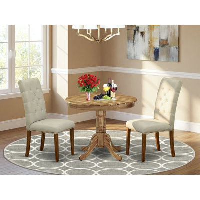 3 Piece Kitchen Table & Chairs Set Contains a Round Dining Room Table with Pedestal and 2 Grey Linen Fabric Parsons Dinette Chairs, Natural
