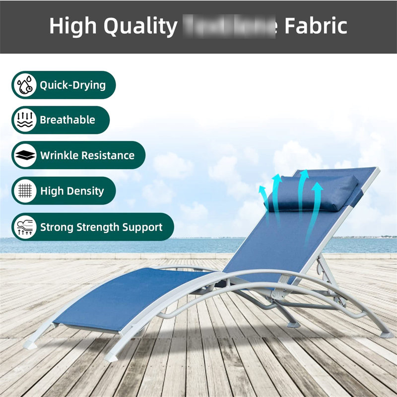 Chaise longue de piscine 3 - réglable, fabrication en aluminium, respirante, table en métal de luxe bleu: 3 chaises réglables bleues avec 5 positions latérales, ergonomique pour la terrasse