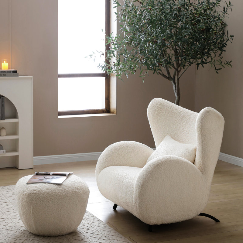 Fauteuil d'appoint blanc à oreilles avec, idéal pour une détente confortable, une structure robuste, un fauteuil moderne en tissu facile à nettoyer et un rembourrage en mousse confortable pour le salon