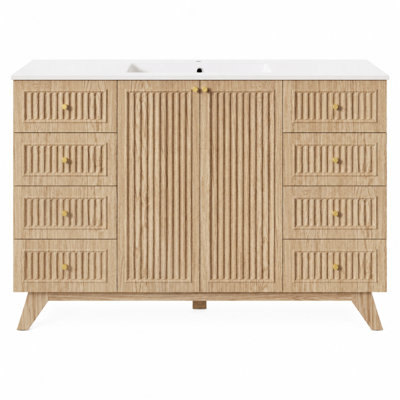 Meuble-lavabo de style transitionnel de 121 cm (47,56 po) avec 8 tiroirs et lavabo intégrés en SMC, armoire en MDF cannelé, naturel