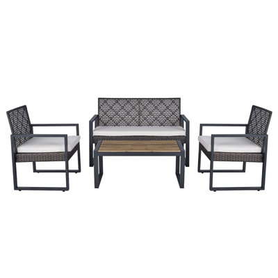 Ensemble de mobilier d'extérieur 4 pièces, ensemble de conversation en rotin avec plateau de table en bois d'acacia, coussin brun et beige Morden pour balcon, véranda et jardin