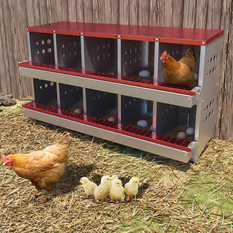 Poste de nidification en acier galvanisé ventilé à 10 boîtes avec plateau roulant et œufs d'entraînement, Red