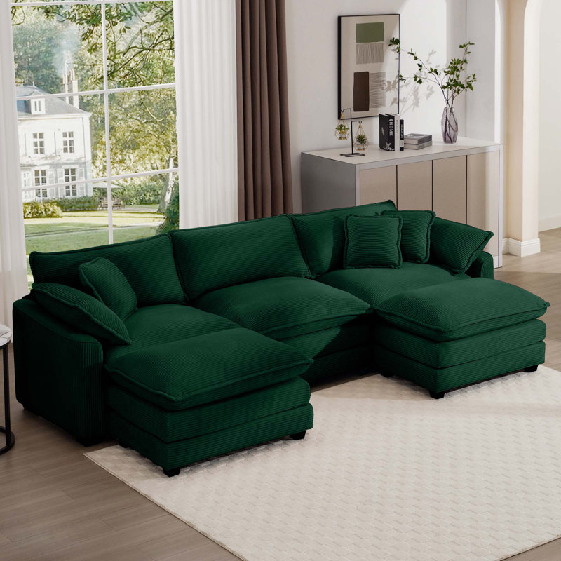 Canapé modulaire en velours côtelé avec repose-pieds et coussins Adam, Velours côtelé vert
