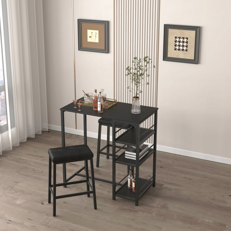 Ensemble de table de salle à manger pour 2 personnes avec 3 grandes tablettes de rangement, tabourets de cuisine rembourrés en cuir d'unité centrale, coin repas 3 pièces
