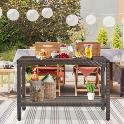 Outdoor Console Table Patio Buffet Bar Storage Organizer 55" Long Wicker Sofa Serving Sideboard Table 2-Shelf Outdoor Narrow Bar Table Tall Rectangle With Adjustable Feet For Entryway Brown
