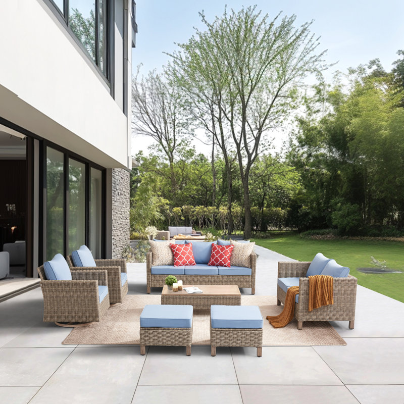 7 - Piece Outdoor Wicker Patio Conversation Furniture Set With Swivel Chairs, Blue