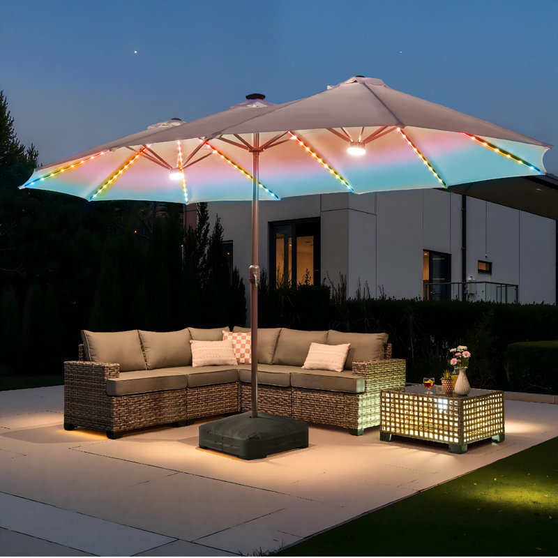 Parasol de marché rectangulaire 8,5 pi x 14,5 pi avec base et lumières DEL à changement de couleur, Crème