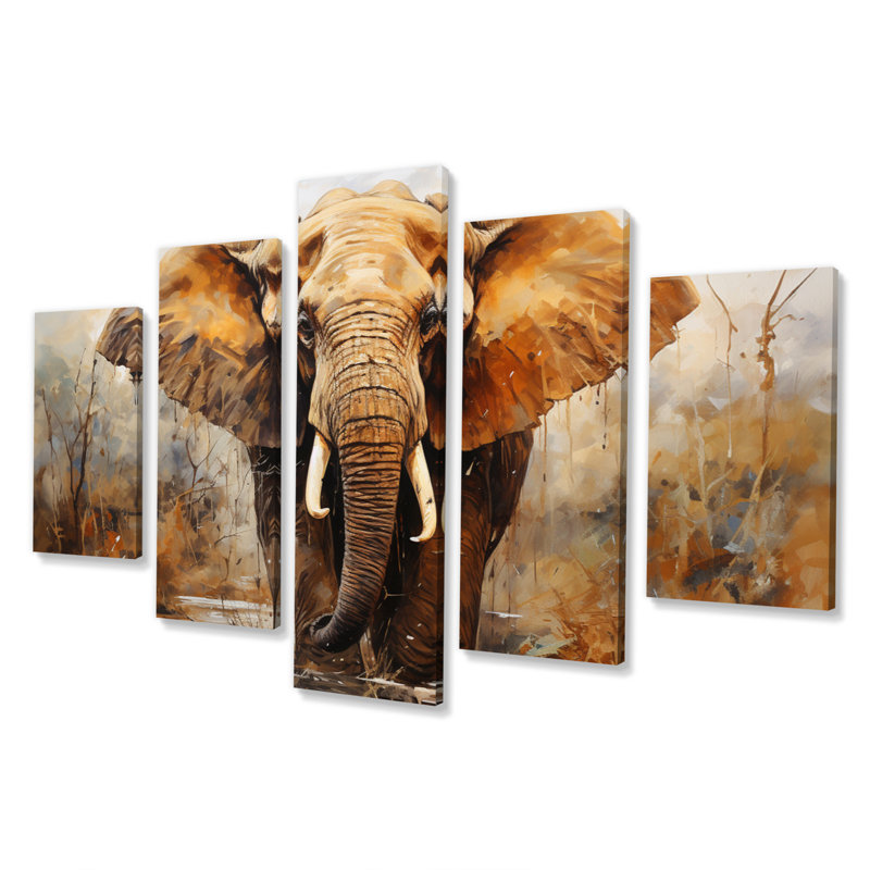 Thailande éléphant rêverie - animaux, reproduction sur toile - 5 panneaux