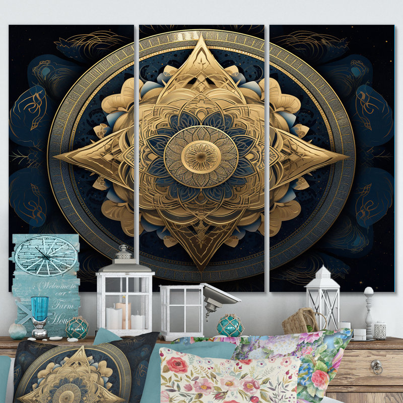 Ensemble de décorations murales géométriques Mandala géométrique en or et bleu nova, H 28 po x l 36 po x P 1 po
