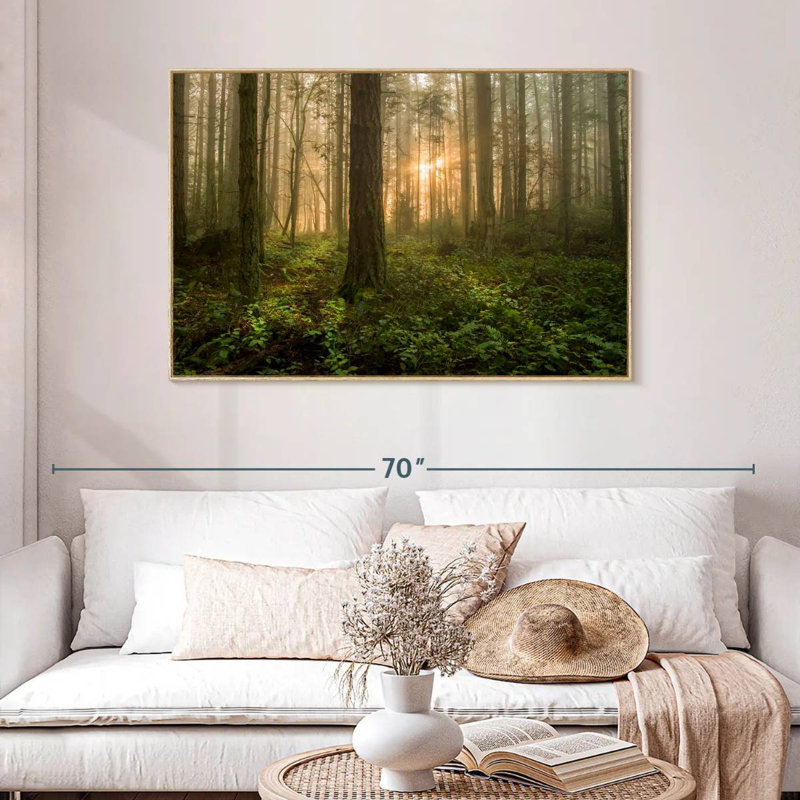 Lever de soleil sur la forêt de l'île Lummi, Cadre flottant en bois naturel, 46 po x 31 po