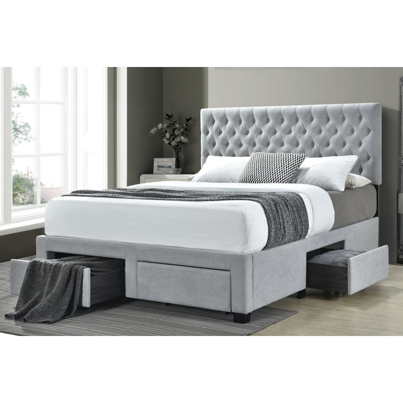 Lit plateforme tapissier avec rangement Kingistan, Beige, Grand