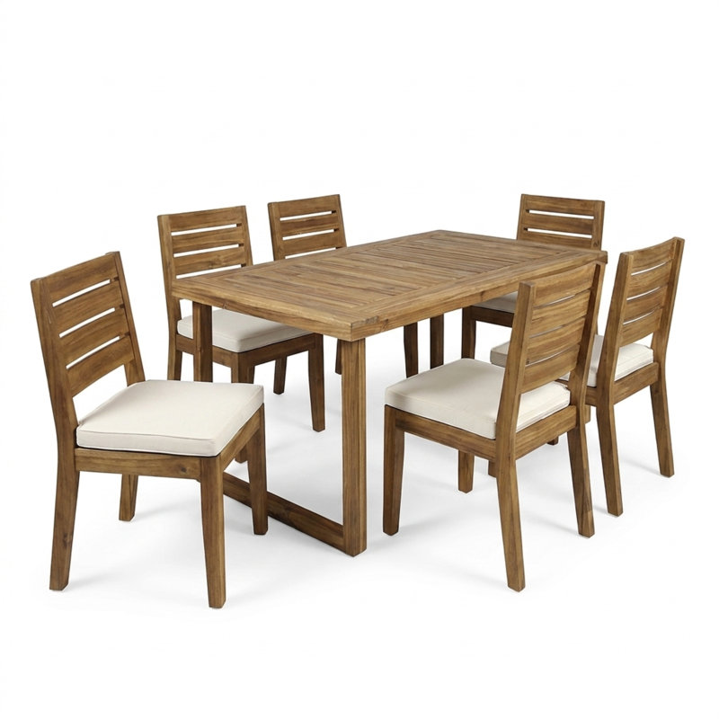 Ensemble repas d'extérieur en bois d'acacia massif avec table à lattes et chaises rembourrées Arlynes
