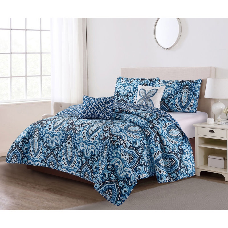 Ensemble de courtepointe réversible en microfibre Ryne Blue, Courtepointe très grand et 4 pièces supplémenta