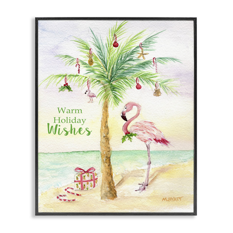 Palmier tropical de Noël flamant tropical, 30" H x 24" W, Giclée encadrée noir minuit