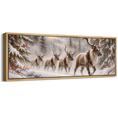 Christmas Reindeer in Snowy Forest Holiday Winter - Large Framed Canvas Master Bedroom Wall Art Print