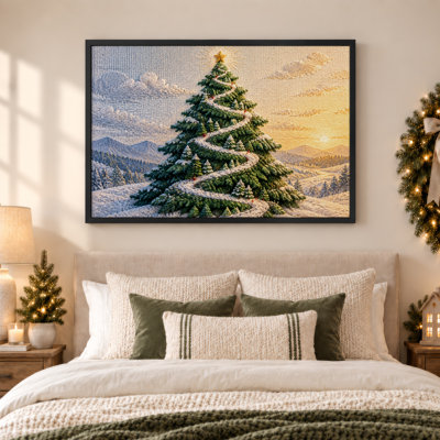 Art mural sur toile tricoté avec étoile dorée et montagnes enneigées