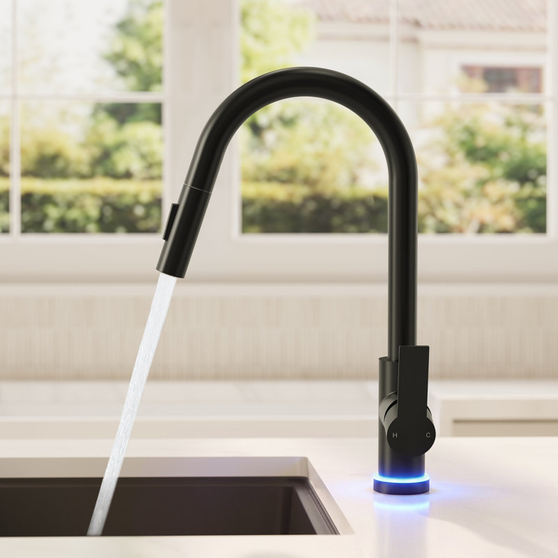  Pull Down Sprayer Kitchen Sink Faucet, Single Handle Kitchen Faucet with LED Light Base, Matte Black