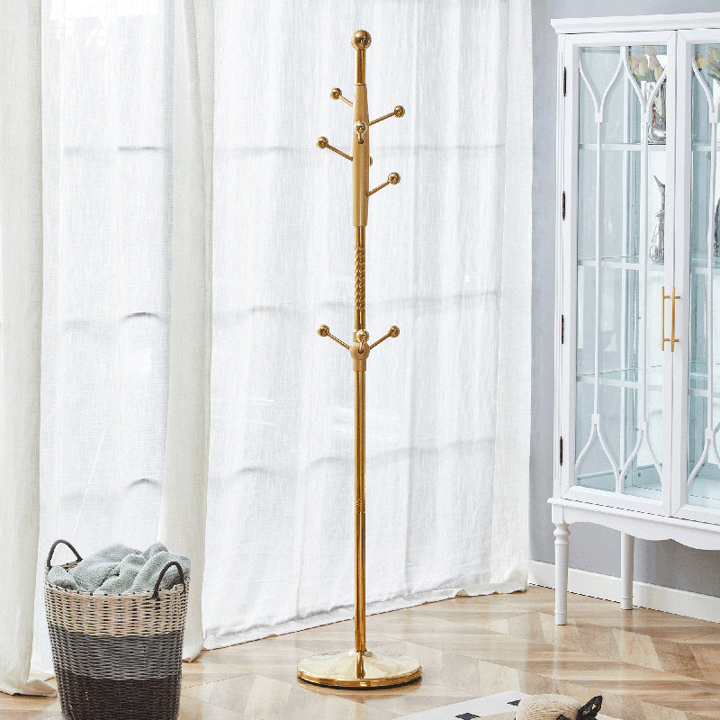  Portemanteau haut en acier inoxydable avec base en bois massif, cintre de 72 po avec support amovible, doré, Doré