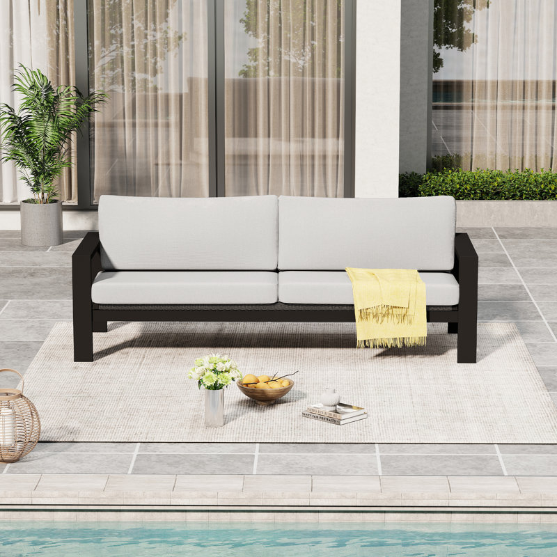 Mikel 84" Aluminum Patio Sofa with Light Gray Cushions