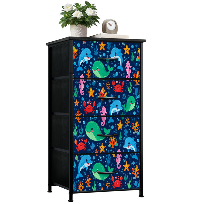 Commode de rangement verticale à 4 tiroirs avec tiroirs en tissu