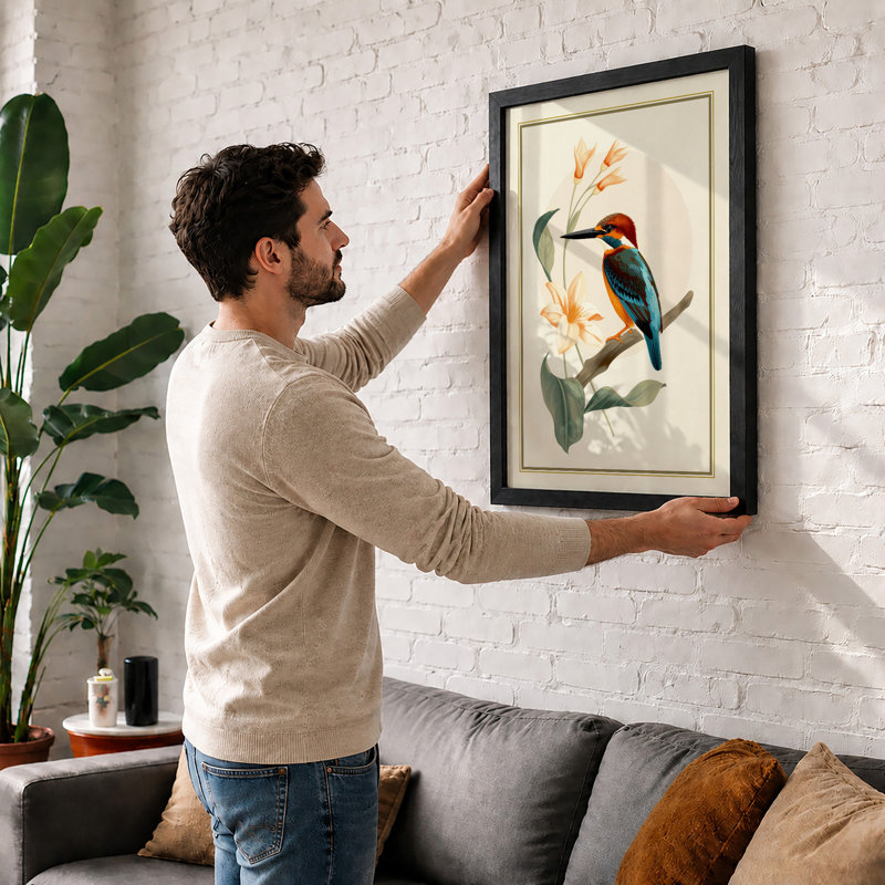 Kingfisher And Blossom Botanical - Print, A2 - 59.4 x 42.0 cm, White