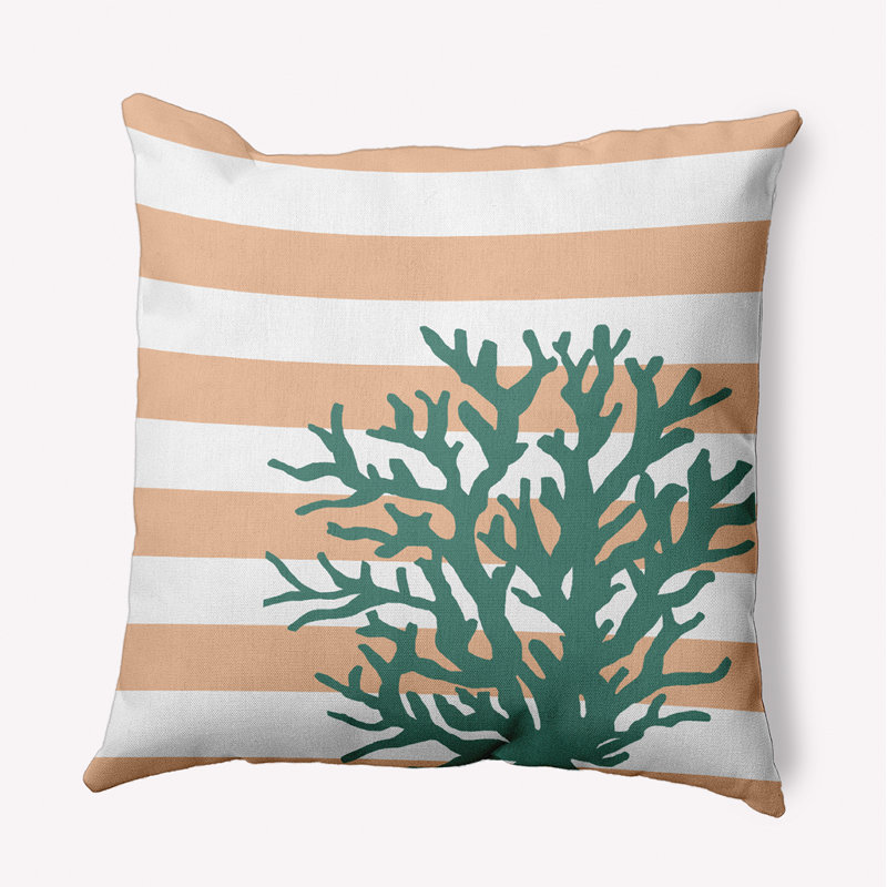 Coussin intérieur / extérieur Leafy Branch, H 20 po x l 20 po, Orange / rayures blanches