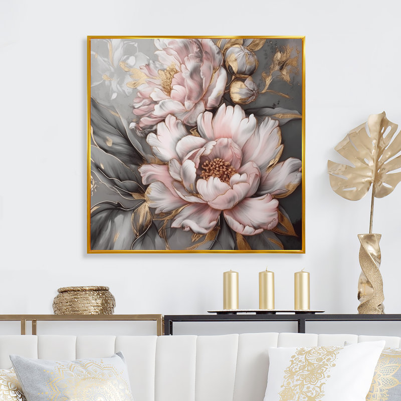 Rose et gris pivoines élégantes I - pivoines, art mural encadré, H 16 po x l 16 po, Cadre flottant doré
