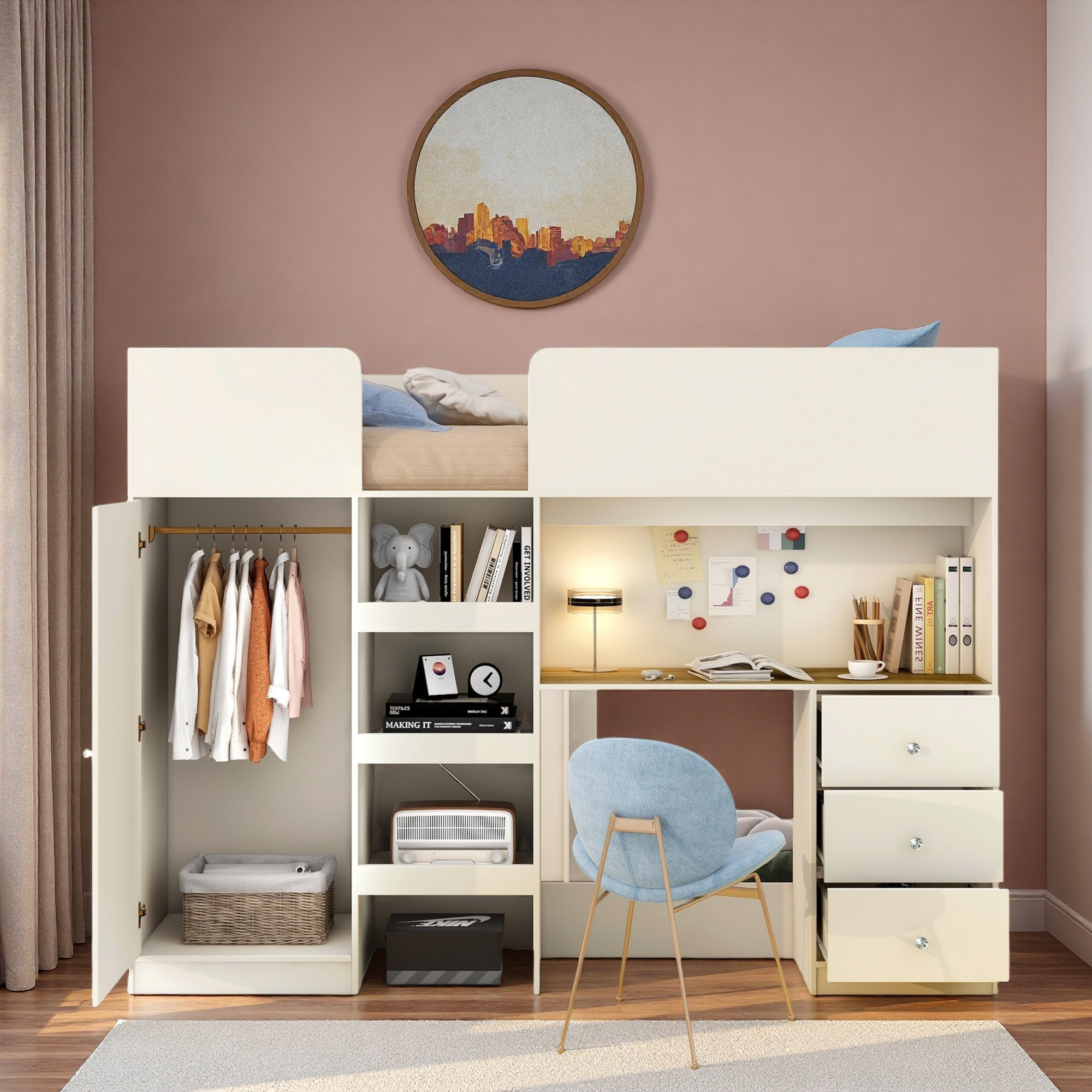 Harriet Bee Loft Bed With Built-in Wardrobe, Desk, Storage Shelves And ...