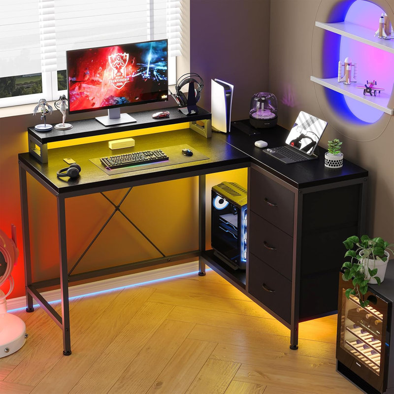 L Shaped Desk With Power Outlets & LED Lights, Computer Desk With Drawers & Shelves, Corner Desk Gaming Desk Home Office Desk, Oak