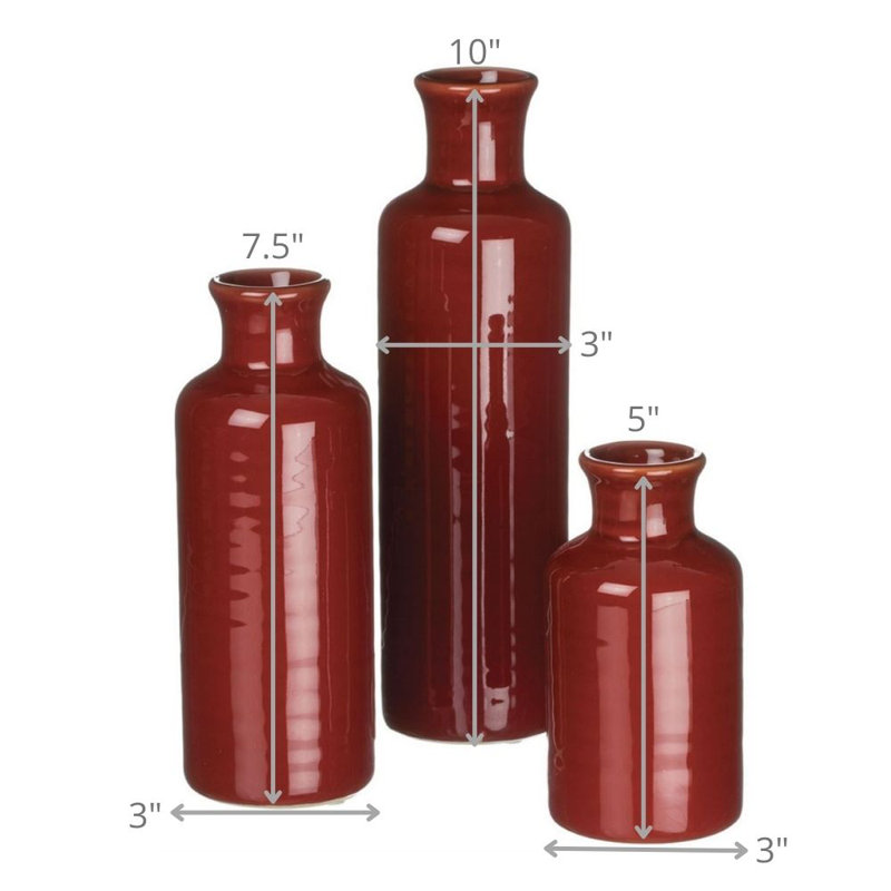 Red Ceramic Bottle Vase Set in Three Sizes