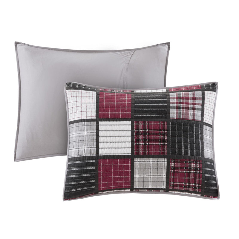 Red and Grey Cotton Plaid Reversible Full Quilt Set