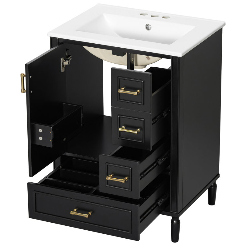 Meuble-lavabo moderne de 24 po avec lavabo en céramique, porte à fermeture douce, 3 tiroirs, poignées dorées et support de porte pour un rangement peu encombrant