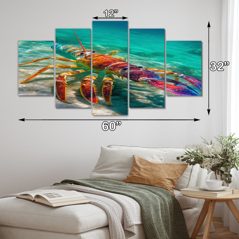 Homard rouge dans une eau turquoise tropicale - Impression sur toile homard - 5 panneaux
