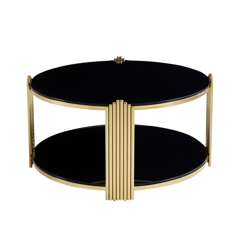 Table basse moderne de 35 pouces, table de salon en verre trempé noir à double couche et cadre en acier inoxydable doré, table ronde, assemblage facile.