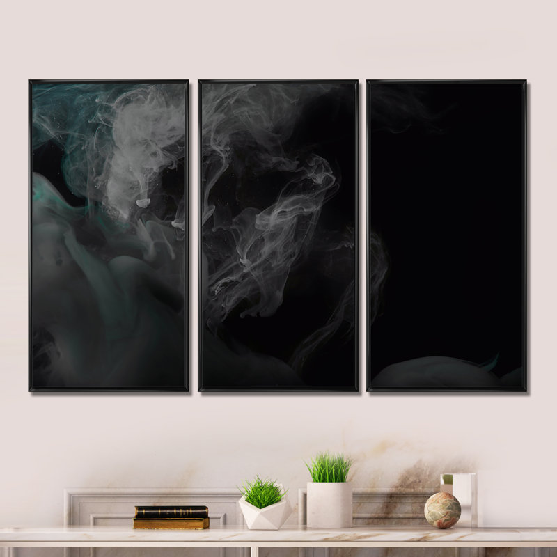 «Abstract Gray Swirling Smoke I», reproduction sur toile flottante 3 pièces, Cadre noir, H 28 po x l 36 po x P 1 po