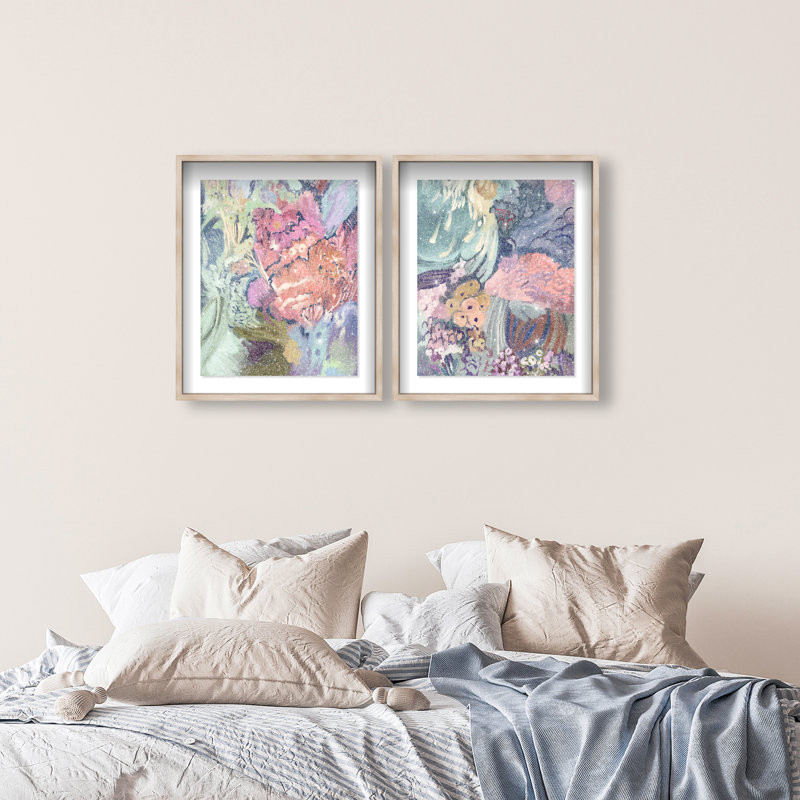 Abstract Botanicals Set Shadowbox Abstract Print by Oliver Gal, Black Frame, 16 x 20, 75"H x 63"W, Natural Oak Shadowbox
