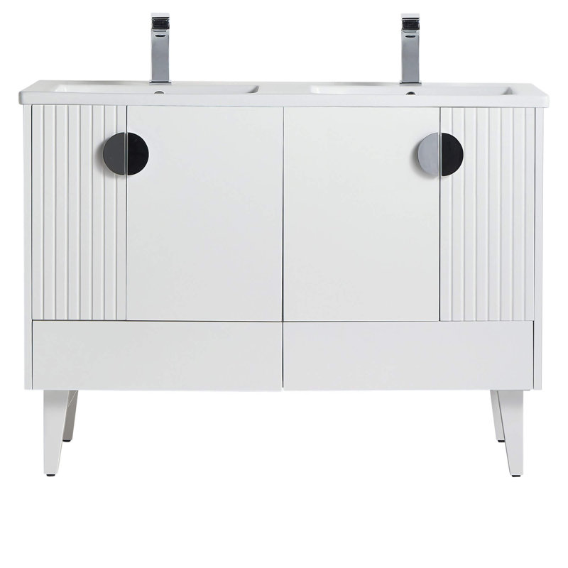Ensemble de meuble-lavabo double 47 po Saimah, Blanc mat, Chrome poli