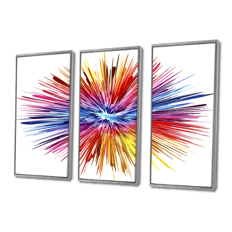 «Color Explosion», ensemble de 3 toiles abstraites encadrées sur toile, H 28 po x l 36 po, Argent
