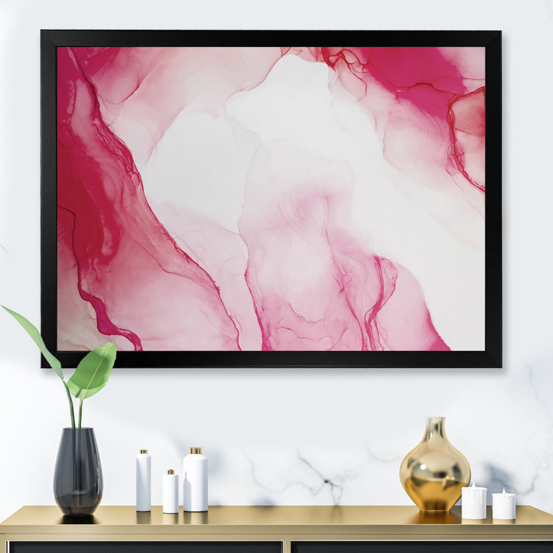 Décoration murale en toile de luxe luxueuse blanc rouge marbré, H 30 po x l 40 po, Impression noire sur toile encadrée