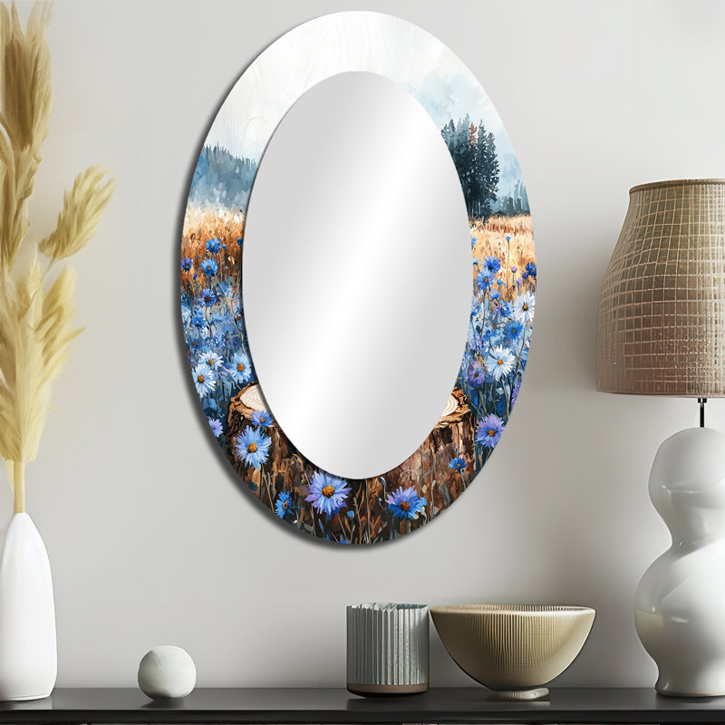 Cornflowers Garden At The Barn On Slide II - Miroir mural moderne bleu ovale, 36 po x 24 po